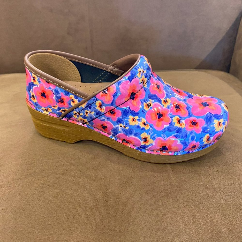 Dansko Womens Floral Clog in Blue Pink Yellow